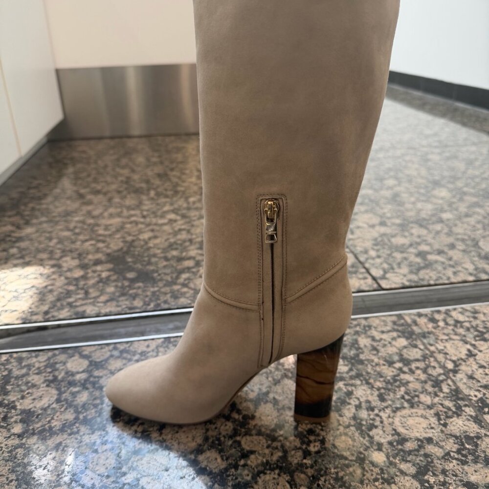 Burberry Suede Mid-Calf Block Heel Boots Size 8 Made in Italy Taupe Marbled Heel